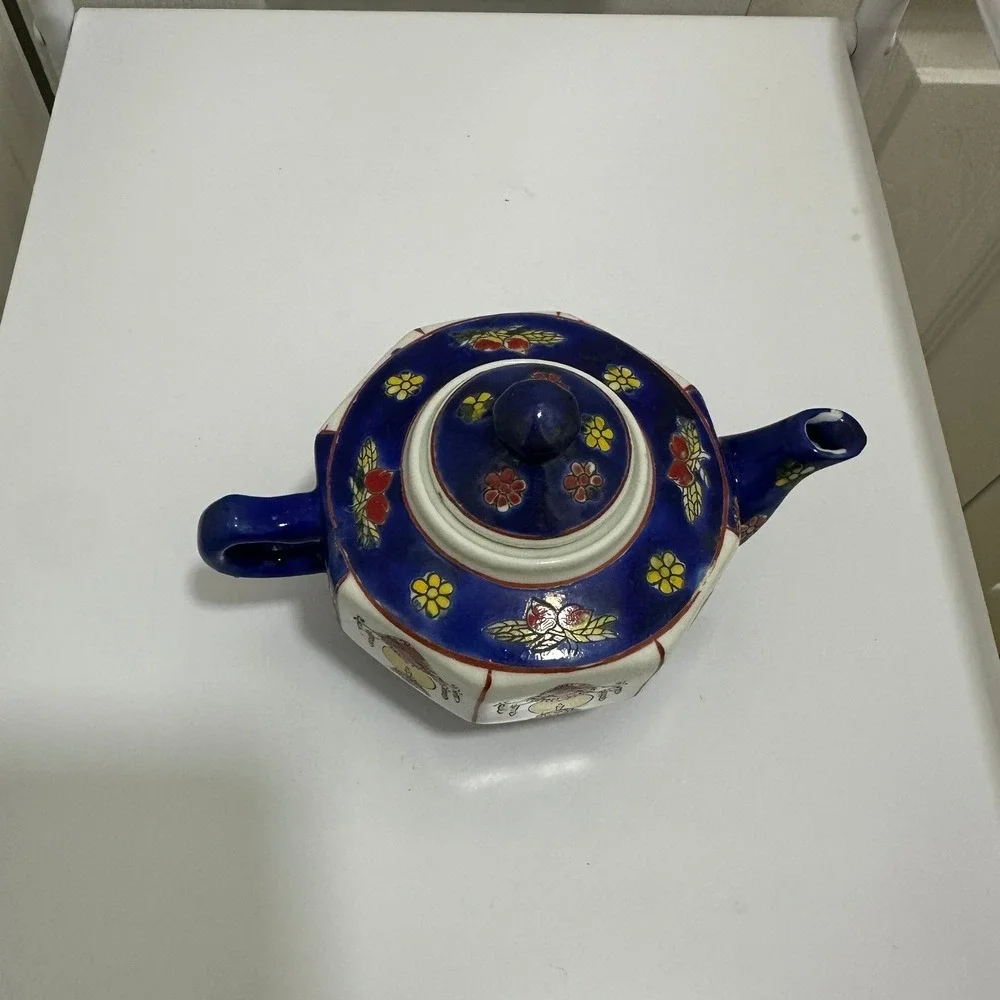 Vintage Chinese Hand Painted Porcelain Hexagonal Teapot Blue White Lanterns Good
